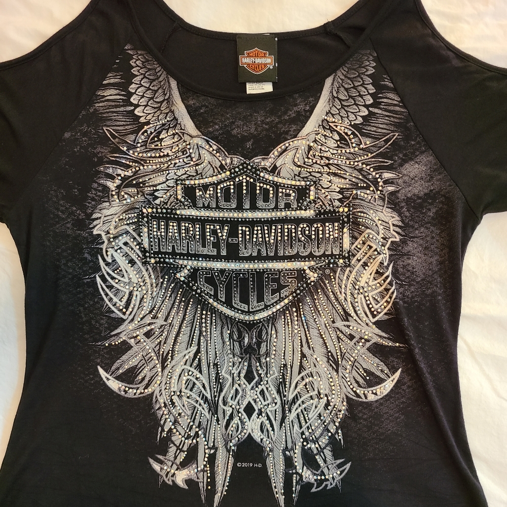 Harley-Davidson Black XL Embellished Cold Shoulder Top